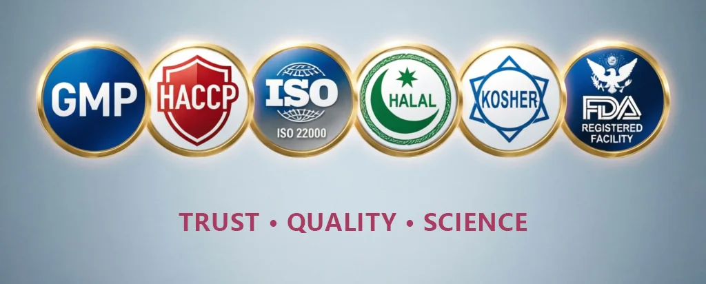 Certifications GMP HACCP ISO HALAL KOSHER FDA