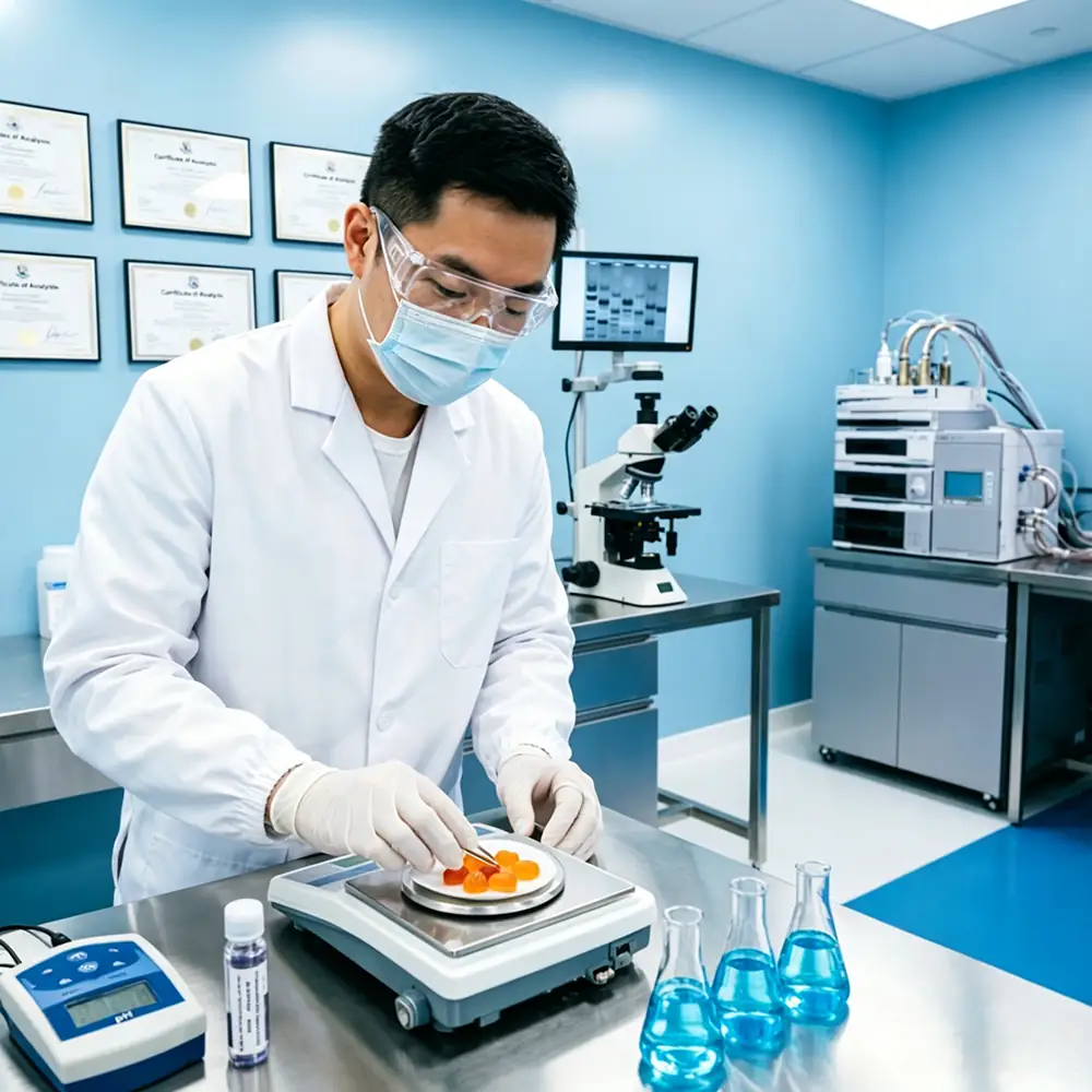 Scientist testing NAG gummies in modern laboratory