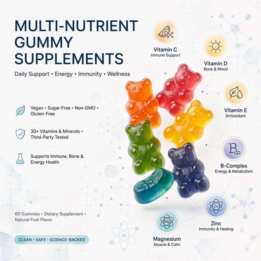 Colorful daily multivitamin gummy supplements in various shapes arranged on white surface