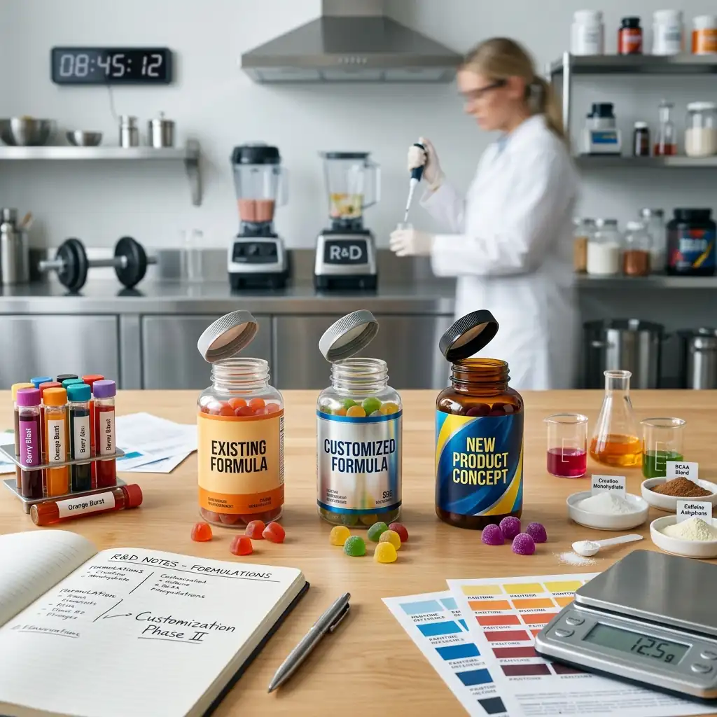 R&D scientist examining vitamin gummy supplements in modern pharmaceutical laboratory