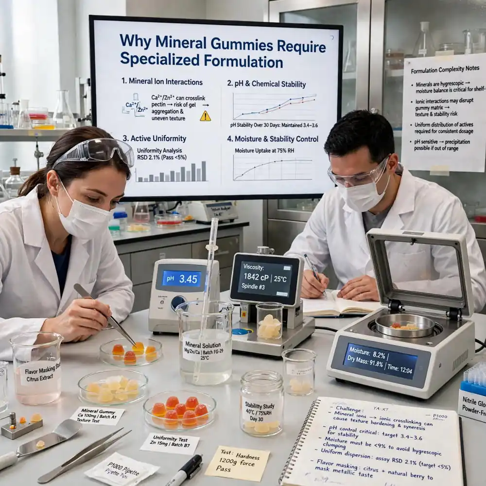 R&D formulation laboratory developing and testing mineral gummy samples