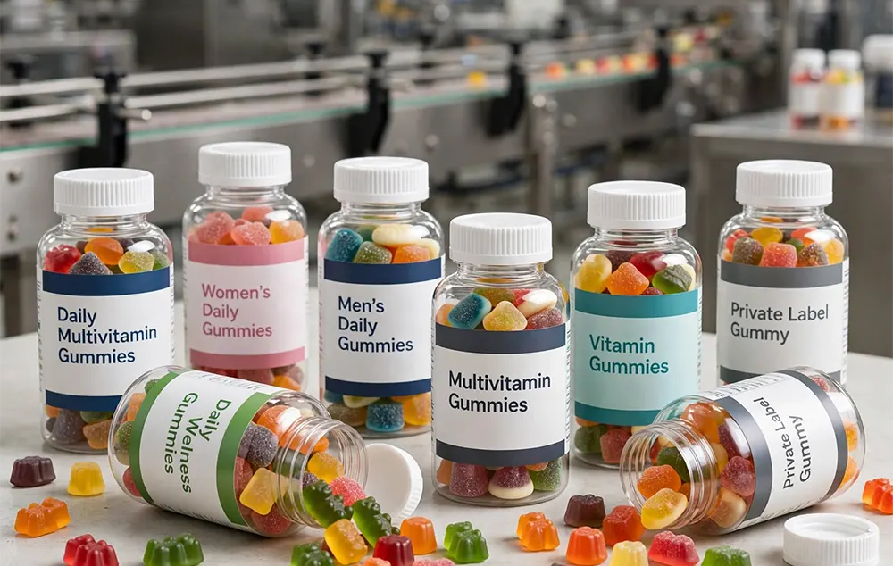 Different types of daily gummy supplements including multivitamin and wellness formulas