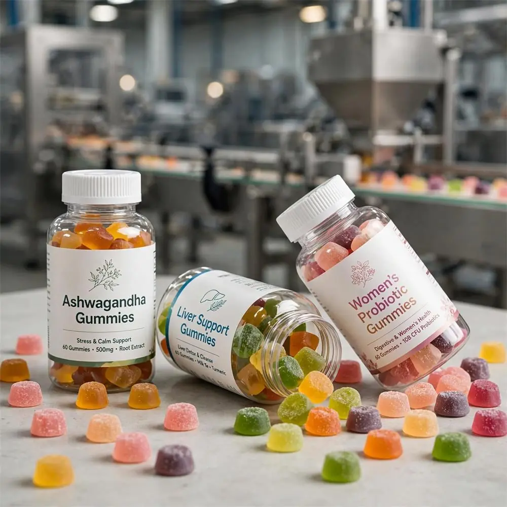 Assorted specialty supplement gummies produced by a private label gummy manufacturer